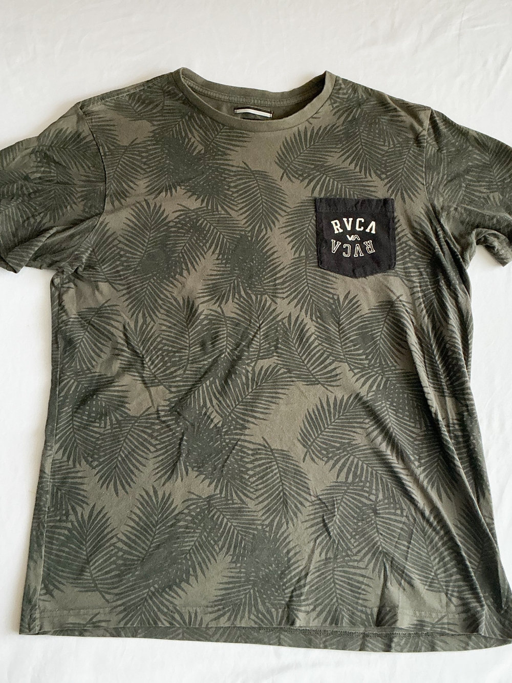 RVCA Olive Green Palm-Print Short Sleeve Tee with Black Pocket